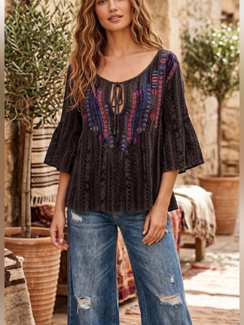 Ecote Black Blouse with Colorful Embroidery Women’s Medium
